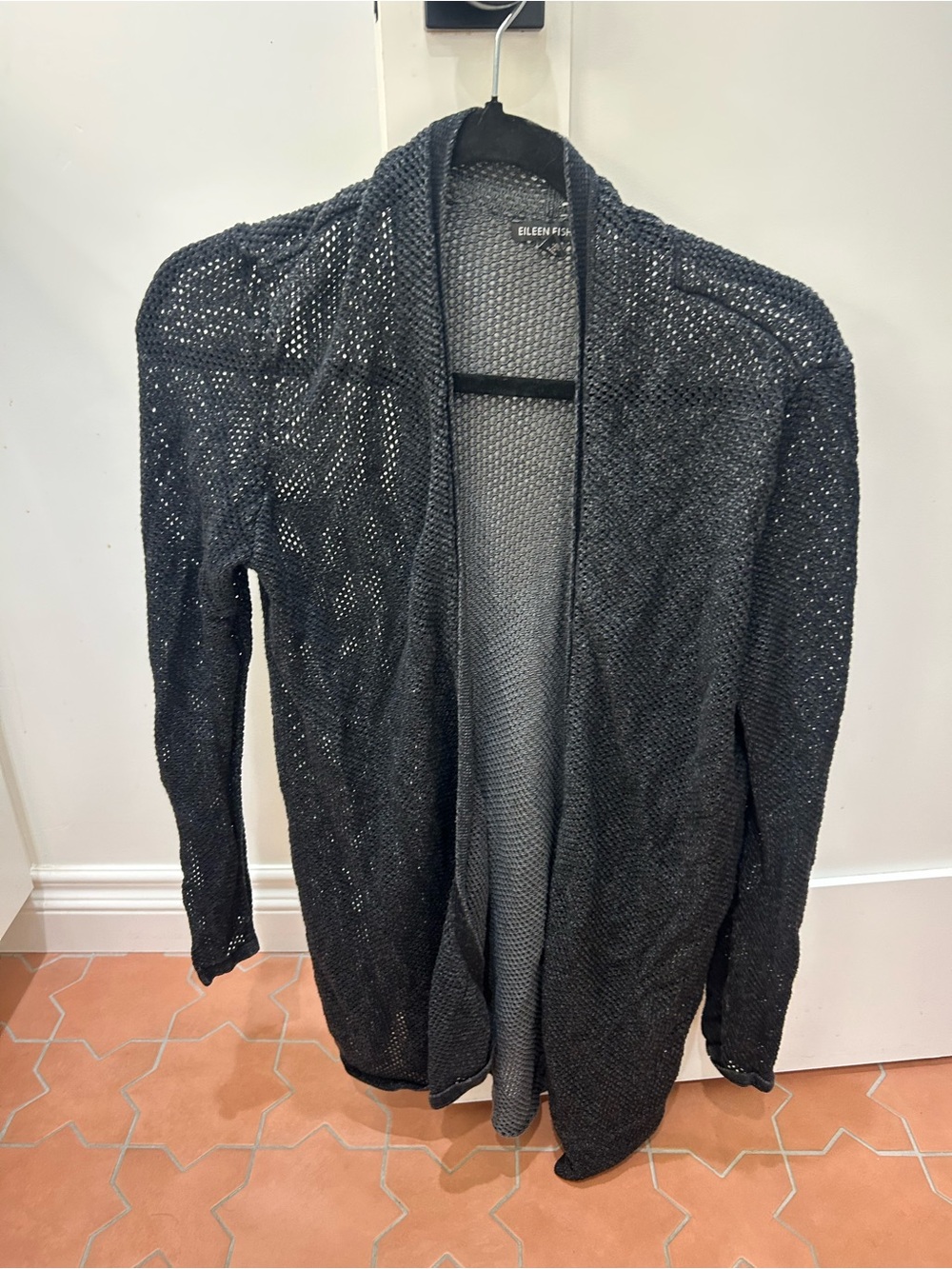Eileen Fisher open-front mesh knit cardigan in black